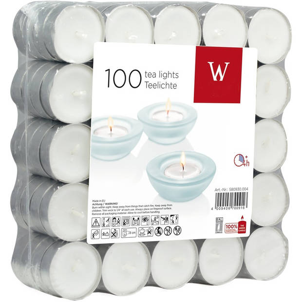 100x Theelichten wit 4 branduren in zak - Waxinelichtjes