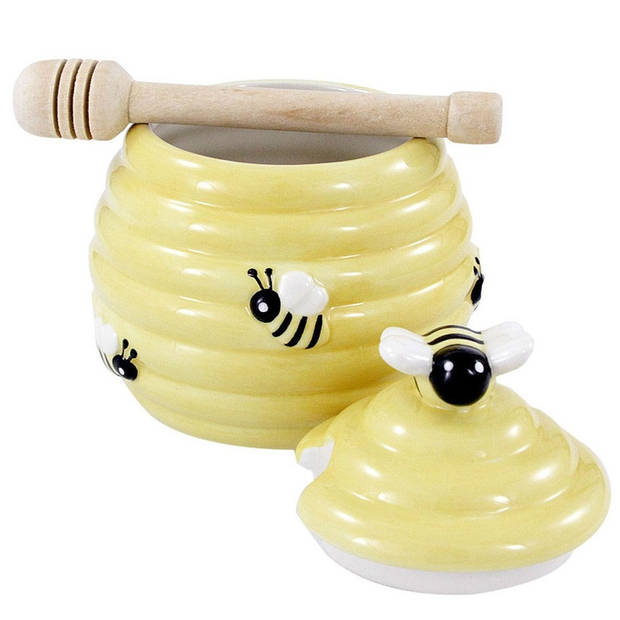 Gele honingpot met 3D bijenmotief 11 cm - Serveerschalen