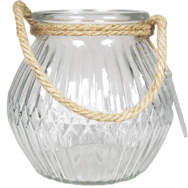 Glazen ronde windlicht Crystal 2,5 liter met touw hengsel/handvat 16 x 14,5 cm - Waxinelichtjeshouders