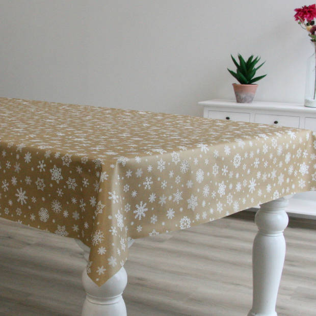 Kerst tafelzeil/tafelkleed goud met witte sneeuwvlokken print 140 x 180 cm - Tafellakens