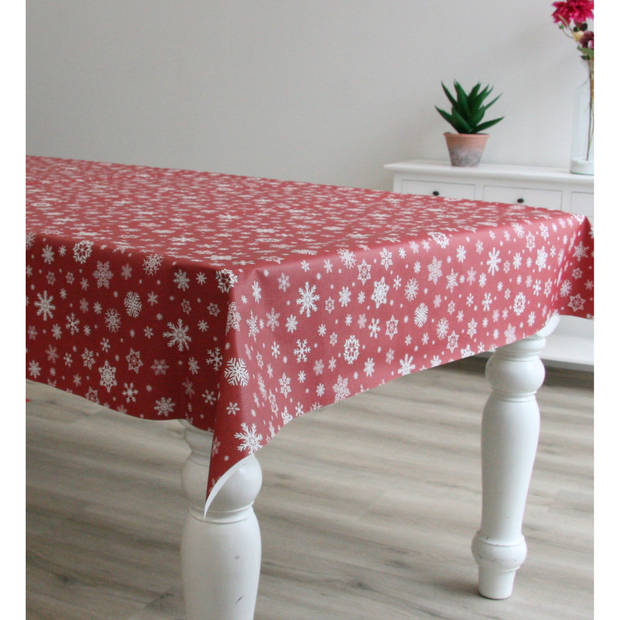 Kerst tafelzeil/tafelkleed rood met witte sneeuwvlokken print 140 x 180 cm - Tafellakens
