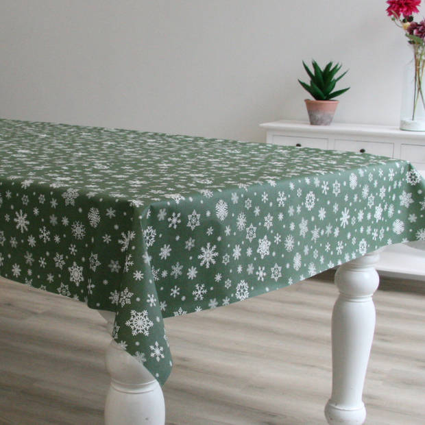Kerst tafelzeil/tafelkleed groen met witte sneeuwvlokken print 140 x 250 cm - Tafellakens