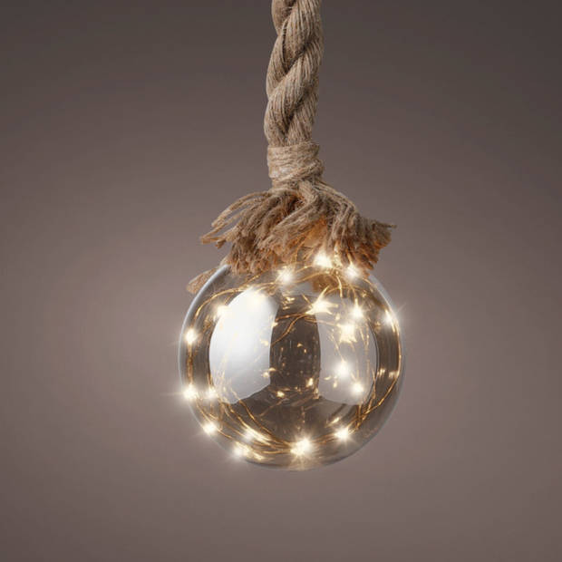 1x stuks verlichte glazen kerstballen aan touw met 15 lampjes zilver/warm wit 10 cm diameter - kerstverlichting figuur