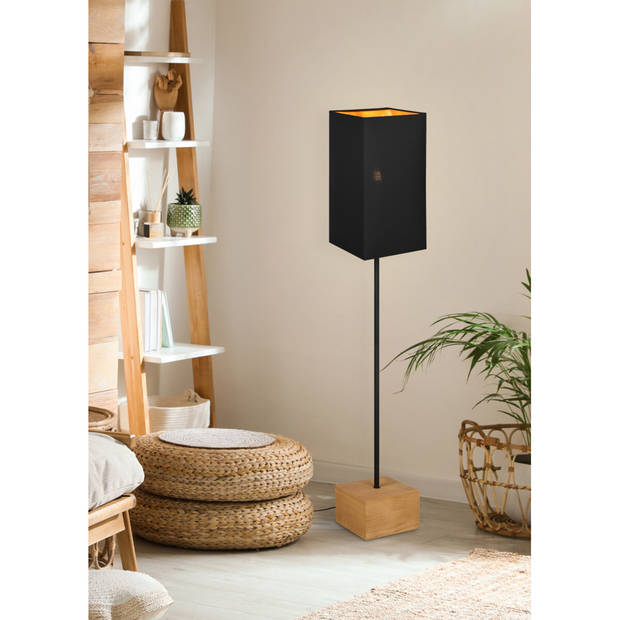 LED Vloerlamp - Vloerverlichting - Trion Wooden - E27 Fitting - Rechthoek - Mat Zwart/Goud - Hout