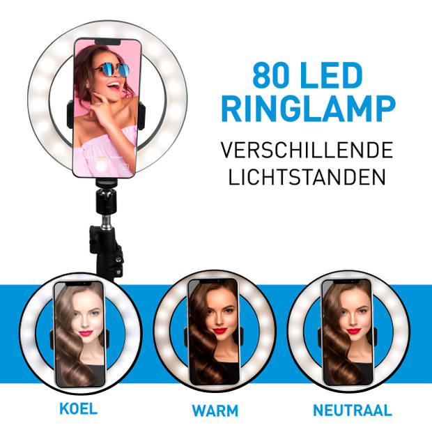 Grundig Selfie Ringlamp - met Statief - 210 cm - 3 Warmte- en Lichtstanden - USB - Ringlicht voor Smartphone