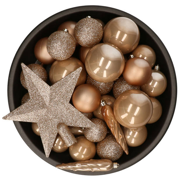 Set van 33x stuks kunststof kerstballen met ster piek toffee bruin mix - Kerstbal