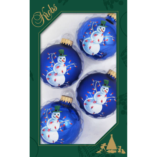 4x stuks luxe glazen kerstballen 7 cm blauw met sneeuwpop - Kerstbal