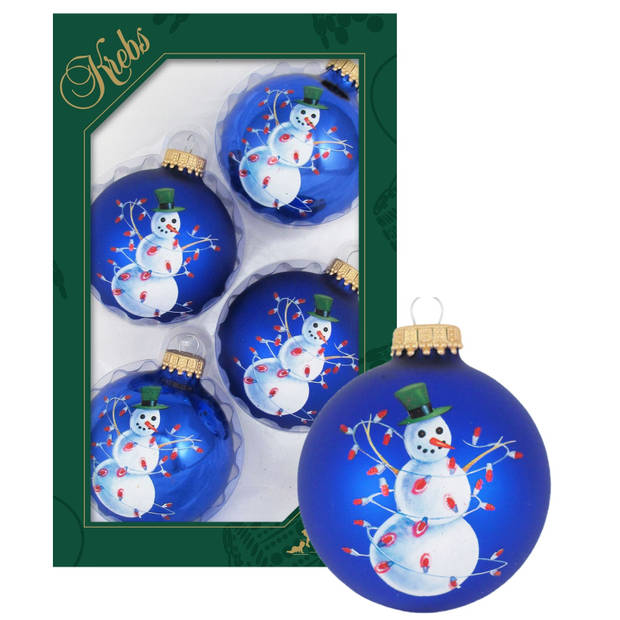 Krebs Kerstballen - 4x st - glazen - blauw - met sneeuwpop - 7 cm - Kerstbal