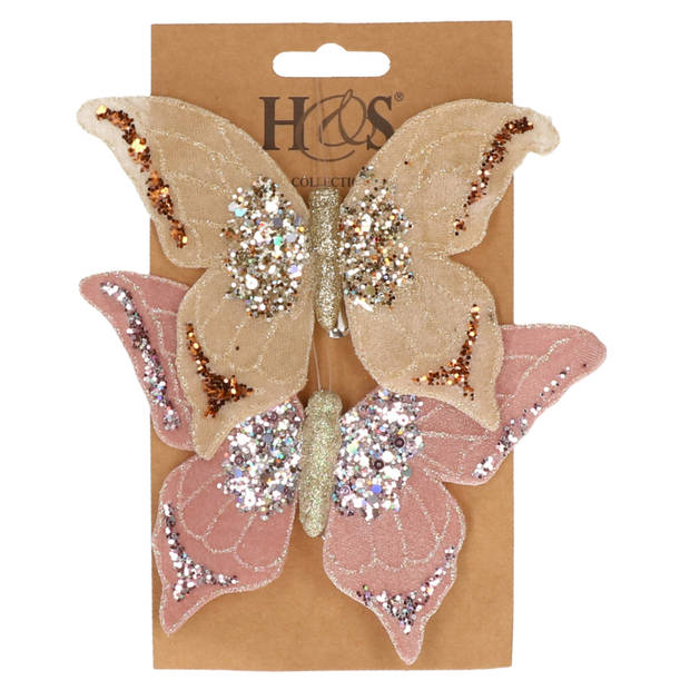 6x stuks kunststof decoratie vlinders op clip roze en beige 10 x 15 cm - Kunstbloemen