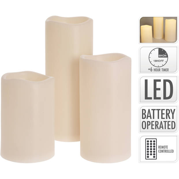 LED kaarsen/stompkaarsen - 3x st -ivoor wit - met afstandsbediening en timer - LED kaarsen