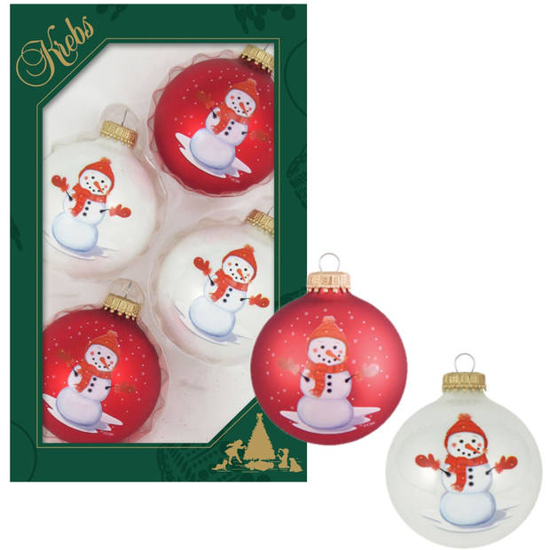 Krebs kerstballen - 4st - glas - wit en rood - sneeuwpop - 7 cm - Kerstbal