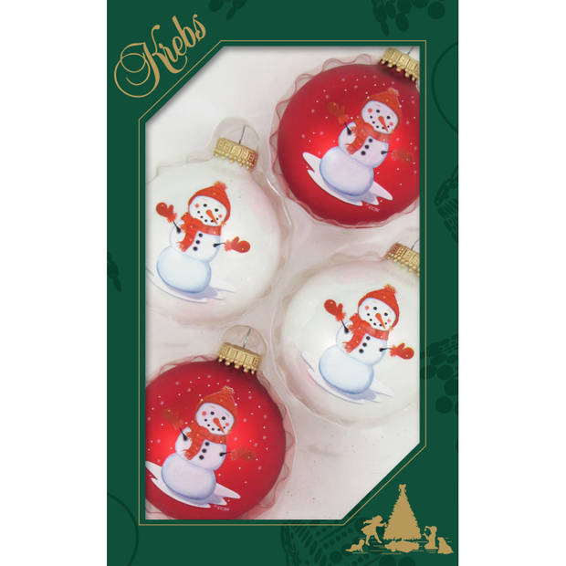 Krebs kerstballen - 4st - glas - wit en rood - sneeuwpop - 7 cm - Kerstbal