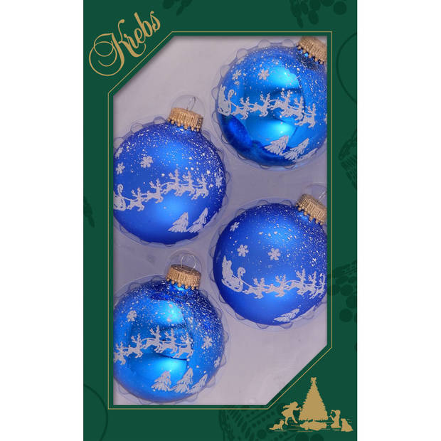 4x stuks luxe glazen kerstballen 7 cm blauw met witte slee - Kerstbal