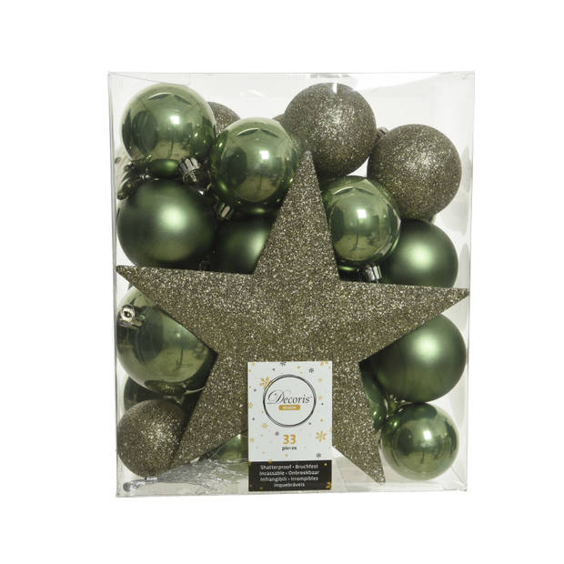 Set van 33x stuks kunststof kerstballen met ster piek mos groen mix - Kerstbal