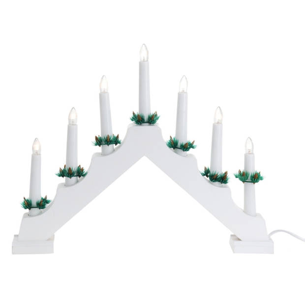 Kaarsenbrug wit van hout met LED verlichting 39,5 x 5 x 31 cm - kerstverlichting figuur