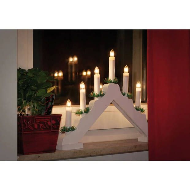 Kaarsenbrug wit van hout met LED verlichting 39,5 x 5 x 31 cm - kerstverlichting figuur