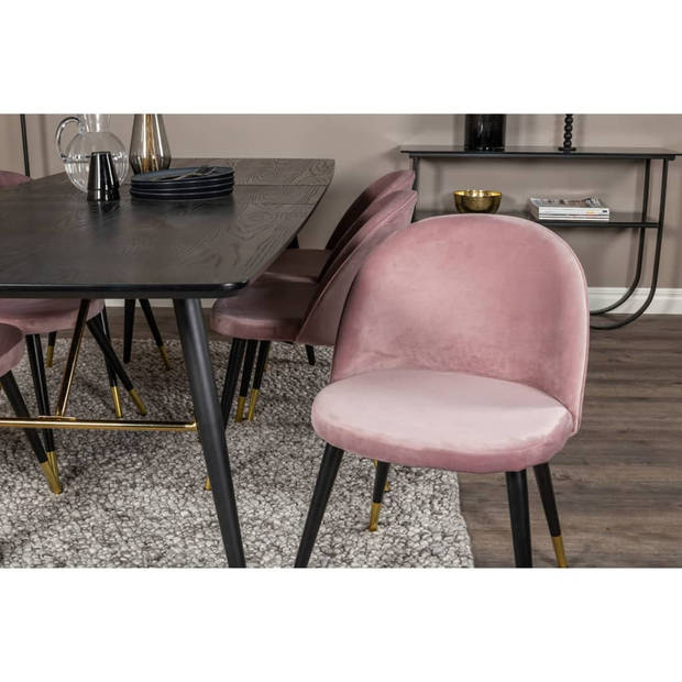 2 x Velvet eetkamerstoel velours roze, zwart, messing decor.