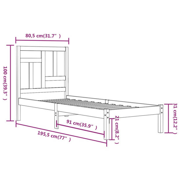 vidaXL Bedframe massief hout 75x190 cm