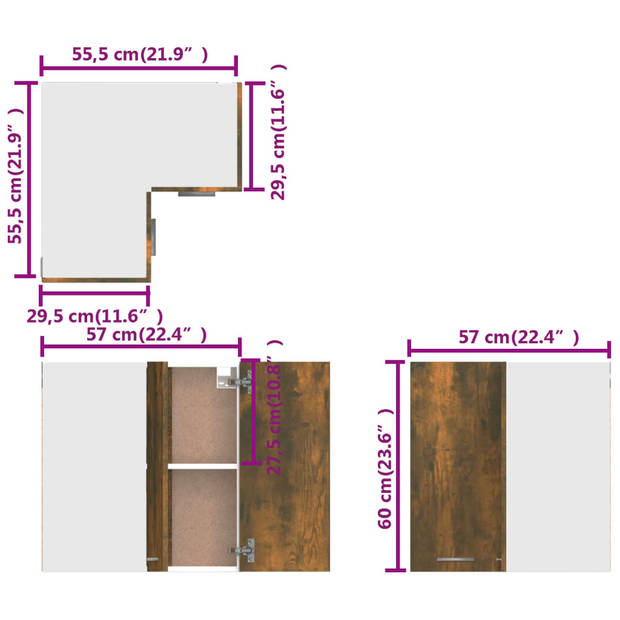 vidaXL Hanghoekkast 57x57x60 cm bewerkt hout gerookt eikenkleurig