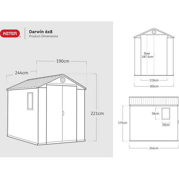 Keter Darwin 68 Tuinhuis - 190x244x221cm - Grijs