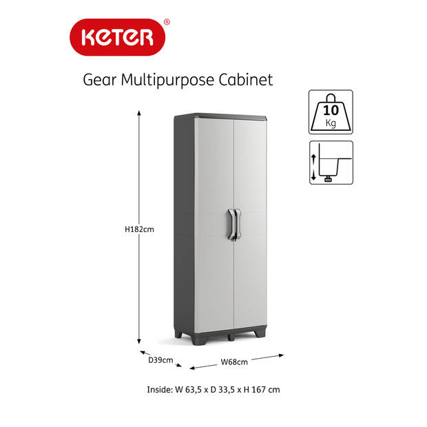 Keter Gear Multipurpose Hoge Kast - 3 halve planken - 68x39x182 cm - Zwart/Grijs