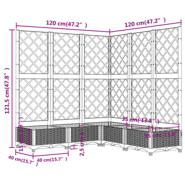 vidaXL Plantenbak met latwerk 120x120x121,5 cm polypropeen zwart