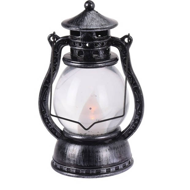 Feestverlichting zwart/grijs kunststof lantaarn 12 cm met vlam effect LED verlichting - Lantaarns