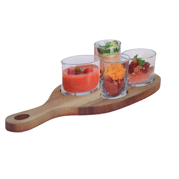 Serveerplank acacia met 4x luxe hapjes/saus/tapas glazen schaaltjes - Serveerplanken