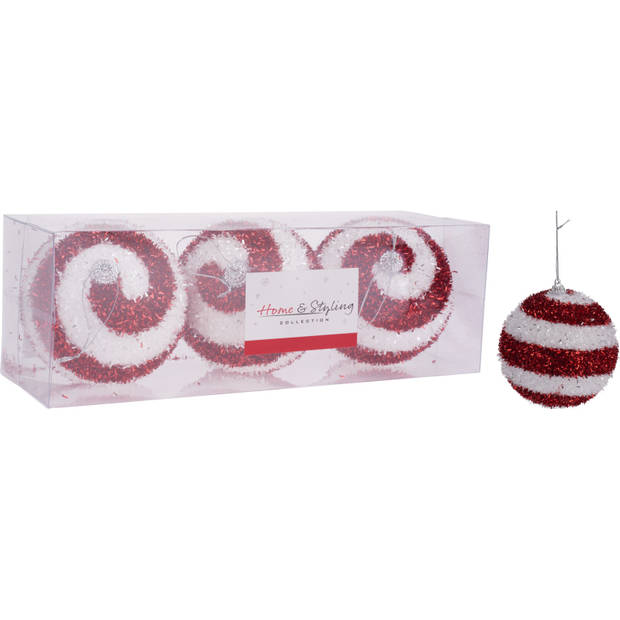 6x stuks gedecoreerde kerstballen rood/wit kunststof 10 cm - Kerstbal