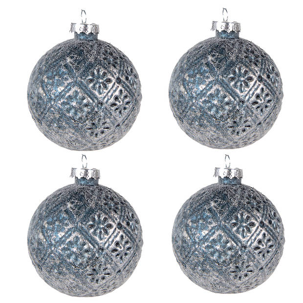 Clayre & Eef Kerstbal Set van 4 Ø 8 cm Blauw Glas Kerstdecoratie Blauw Kerstdecoratie