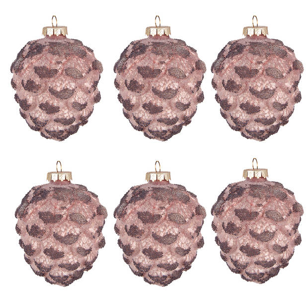 Clayre & Eef Kerstbal Set van 6 Dennenappel Ø 8 cm Roze Glas Kerstdecoratie Roze Kerstdecoratie