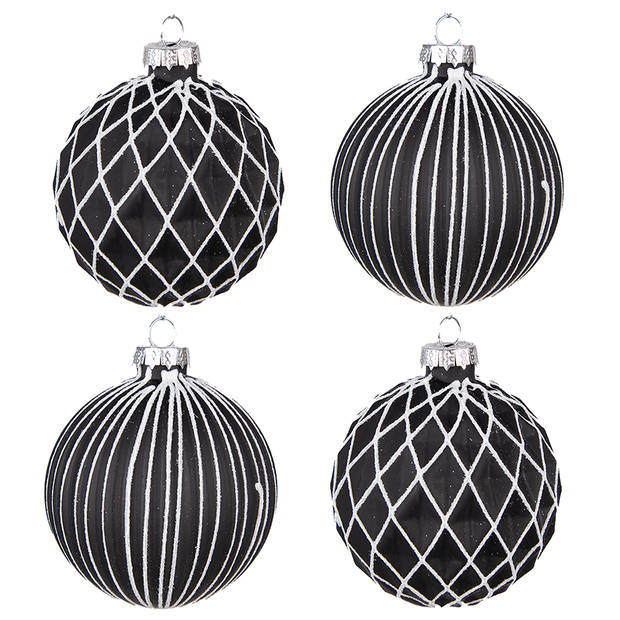 Clayre & Eef Kerstbal Set van 4 Ø 8 cm Zwart Wit Glas Kerstdecoratie Zwart Kerstdecoratie