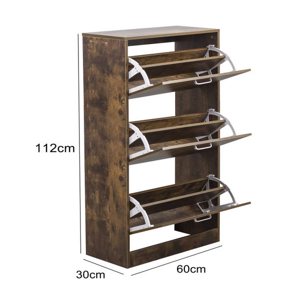 Schoenenkast - schoenenrek - 3 vakken met klepdeuren - donkerbruin