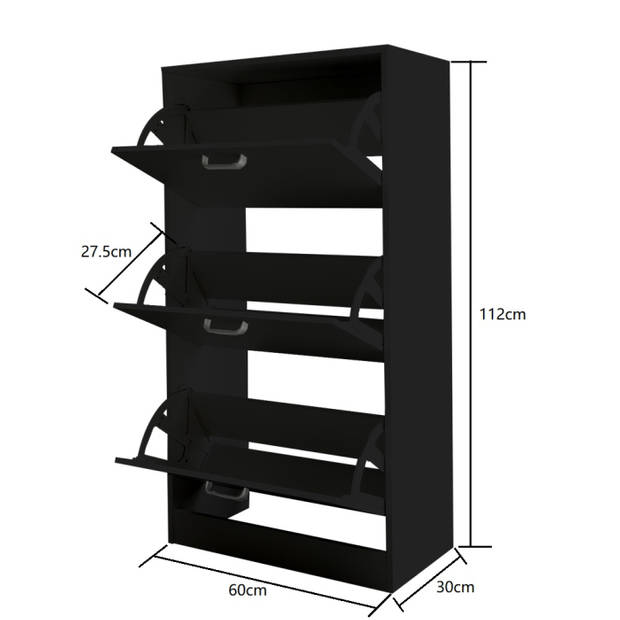 Schoenenkast - schoenenrek - 3 vakken met klepdeuren - zwart