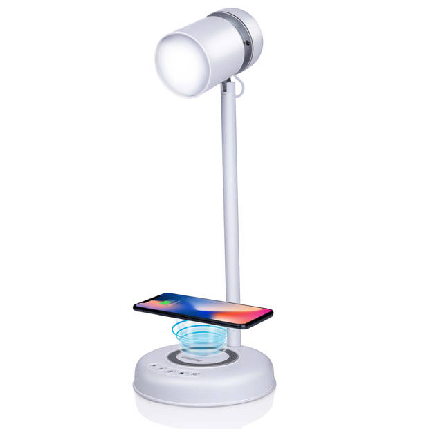 Grundig Bureaulamp Led 3-in-1 - Qi Technologie - Draadloze Telefoonoplader - Bluetooth Speaker - 4 Standen - Wit