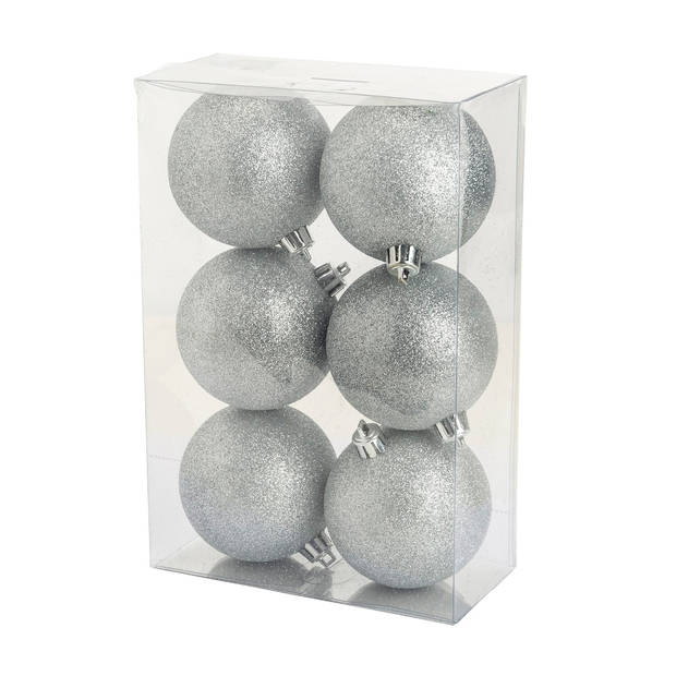 Cosy @Home Kerstballen Zilver glitter ø 8 cm - 6 Stuks