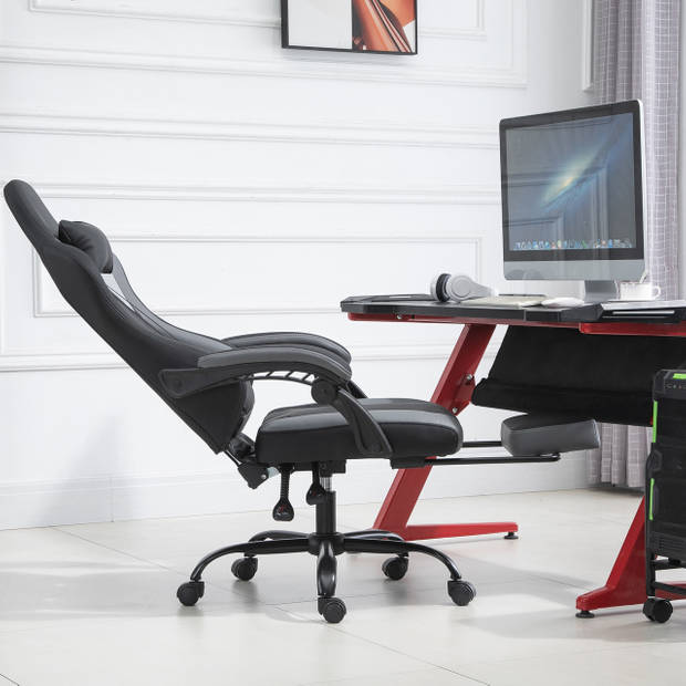 Gamestoel met voetensteun - Racestoel - Bureaustoel ergonomisch - Bureaustoelen voor volwassenen - Kunstleer - Zwart/...