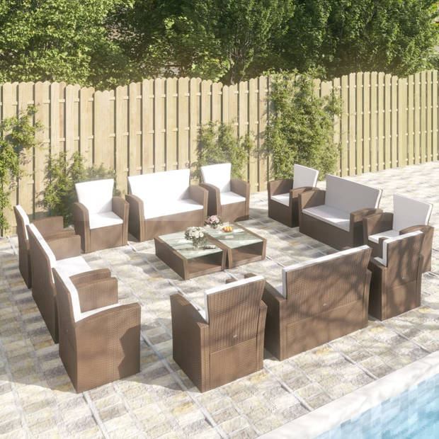 vidaXL 16-delige Loungeset met kussens poly rattan bruin