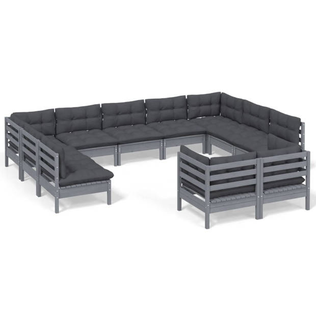 vidaXL 11-delige Loungeset met kussens massief grenenhout grijs