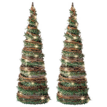 Set van 2x stuks kerstverlichting figuren Led kegels kerstboom rotan lampen 40 cm met 30 lampjes - kerstverlichting figu