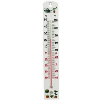 Thermometer buiten - wit - kunststof - 40 cm - plantjes print - Buitenthermometers