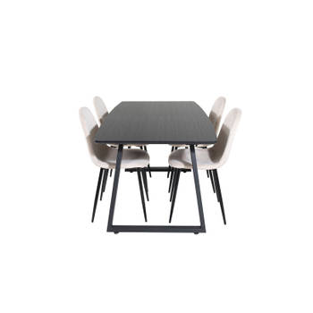 IncaBLBL eethoek eetkamertafel uitschuifbare tafel lengte cm 160 / 200 zwart en 4 Polar eetkamerstal velours beige.