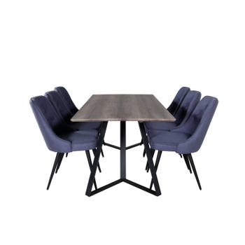 MarinaGRBL eethoek eetkamertafel el hout decor grijs en 6 Velvet Deluxe eetkamerstal blauw, zwart.