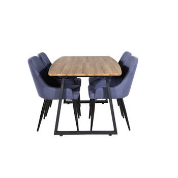 IncaNABL eethoek eetkamertafel uitschuifbare tafel lengte cm 160 / 200 el hout decor en 4 Plaza eetkamerstal blauw,