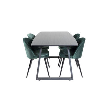 IncaBLBL eethoek eetkamertafel uitschuifbare tafel lengte cm 160 / 200 zwart en 4 Velvet eetkamerstal velours groente,