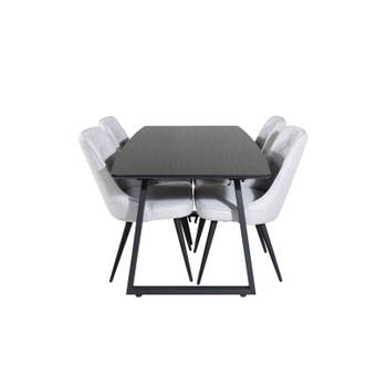 IncaBLBL eethoek eetkamertafel uitschuifbare tafel lengte cm 160 / 200 zwart en 4 Velvet Deluxe eetkamerstal lichtgrijs,