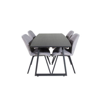 IncaBLBL eethoek eetkamertafel uitschuifbare tafel lengte cm 160 / 200 zwart en 4 Gemma eetkamerstal grijs.