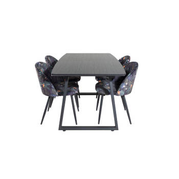 IncaBLBL eethoek eetkamertafel uitschuifbare tafel lengte cm 160 / 200 zwart en 4 Velvet eetkamerstal velours gebloeid.