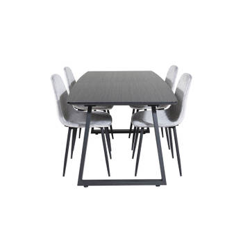 IncaBLBL eethoek eetkamertafel uitschuifbare tafel lengte cm 160 / 200 zwart en 4 Polar Diamond eetkamerstal velours