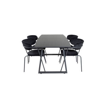 IncaBLBL eethoek eetkamertafel uitschuifbare tafel lengte cm 160 / 200 zwart en 4 Arrow eetkamerstal velours zwart.
